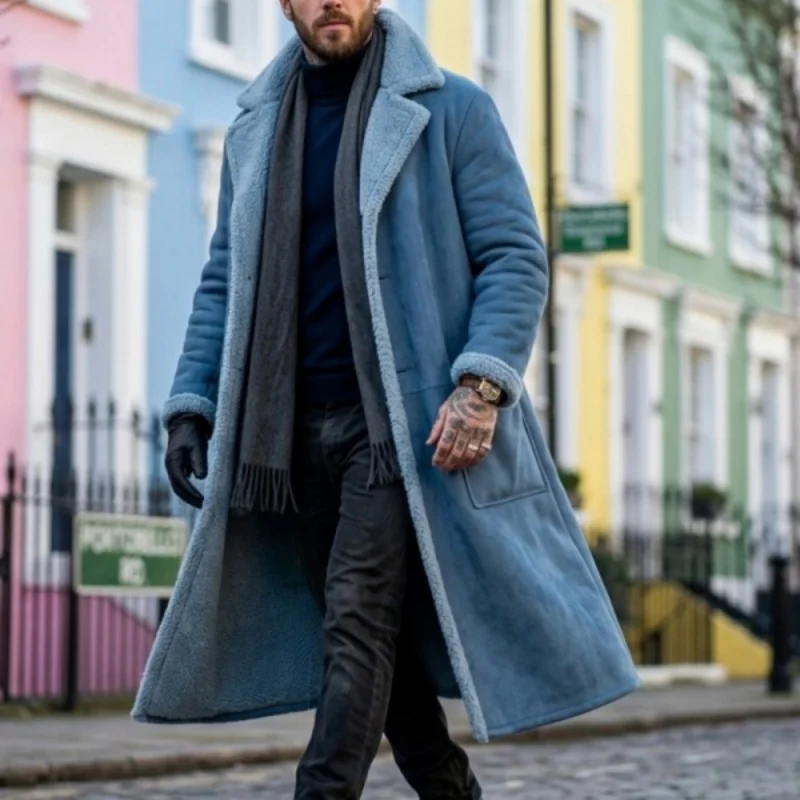 2026 Winter Long Coat Grab Fleecy Casual Coat New Street Fashion Outerwear Overcoat Plus-size Men's Long Windproof Suede  Jacket