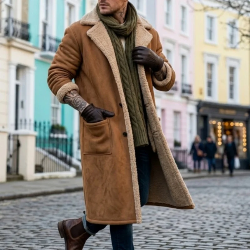 2026 Winter Long Coat Grab Fleecy Casual Coat New Street Fashion Outerwear Overcoat Plus-size Men's Long Windproof Suede  Jacket