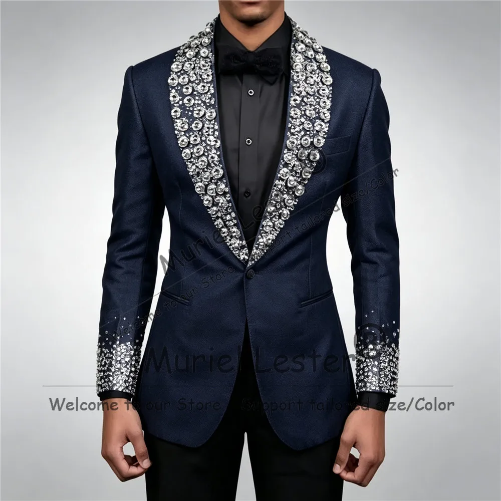 Man Exclusive Tuxedo Suit Gold Diamond Beaded Jacket Pants 2 Piece Sets Groom Wear Prom Blazer Customized Man Business Clothing