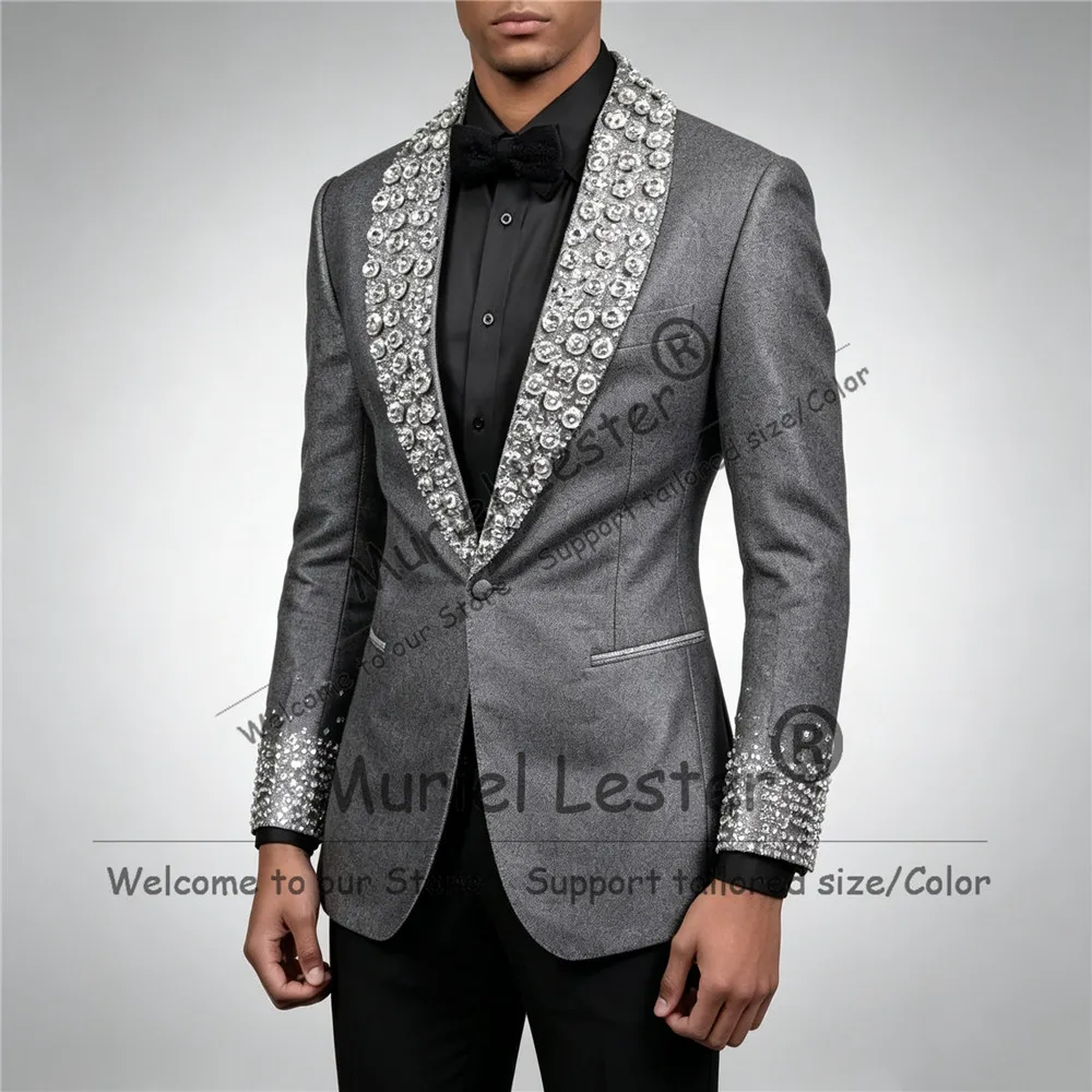 Man Exclusive Tuxedo Suit Gold Diamond Beaded Jacket Pants 2 Piece Sets Groom Wear Prom Blazer Customized Man Business Clothing