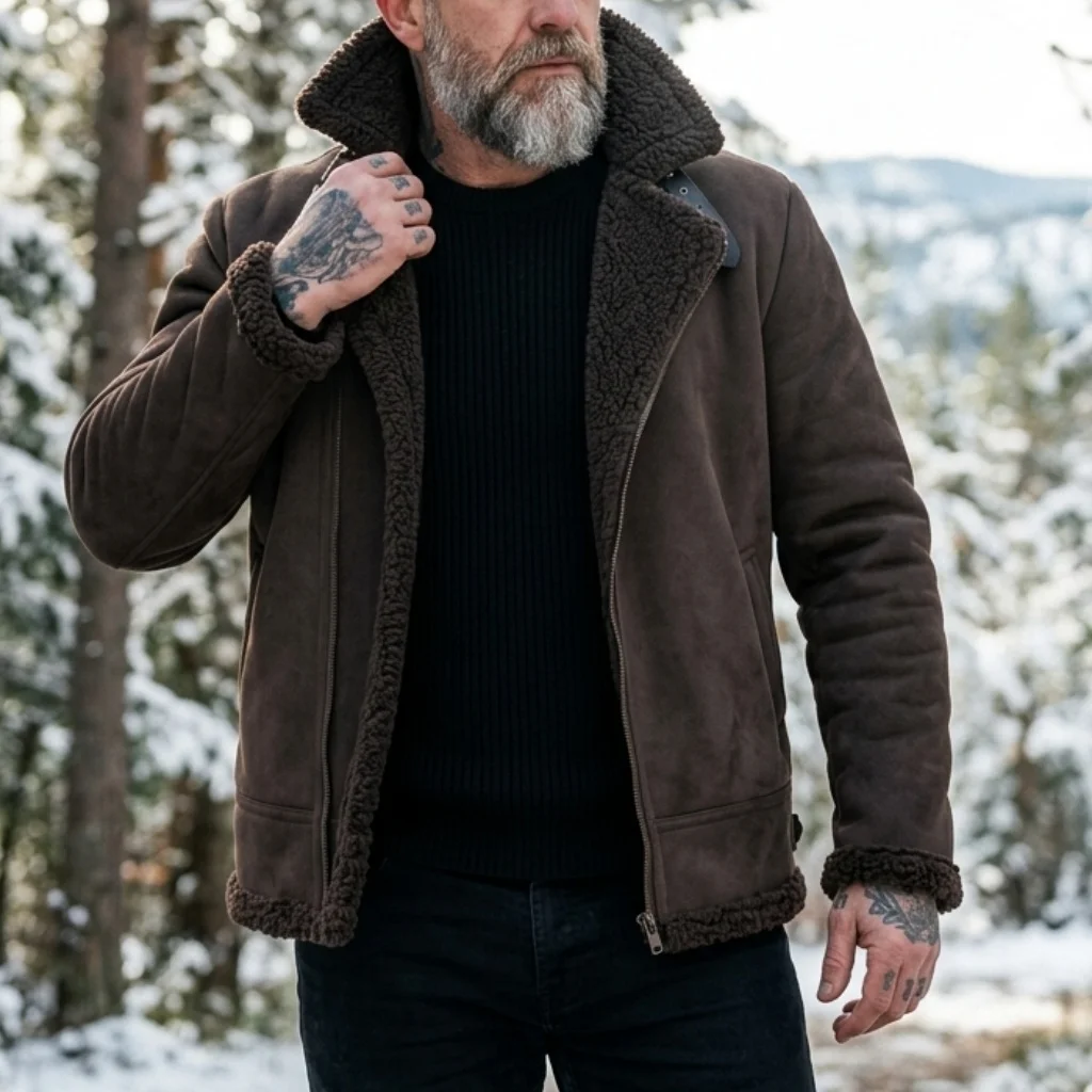 Men Winter Jacket Faux Suede Fleece Lined Warm Coat Zip Up Lightweight Thickened Outdoor Hunting Windproof Winter Man's Jackets