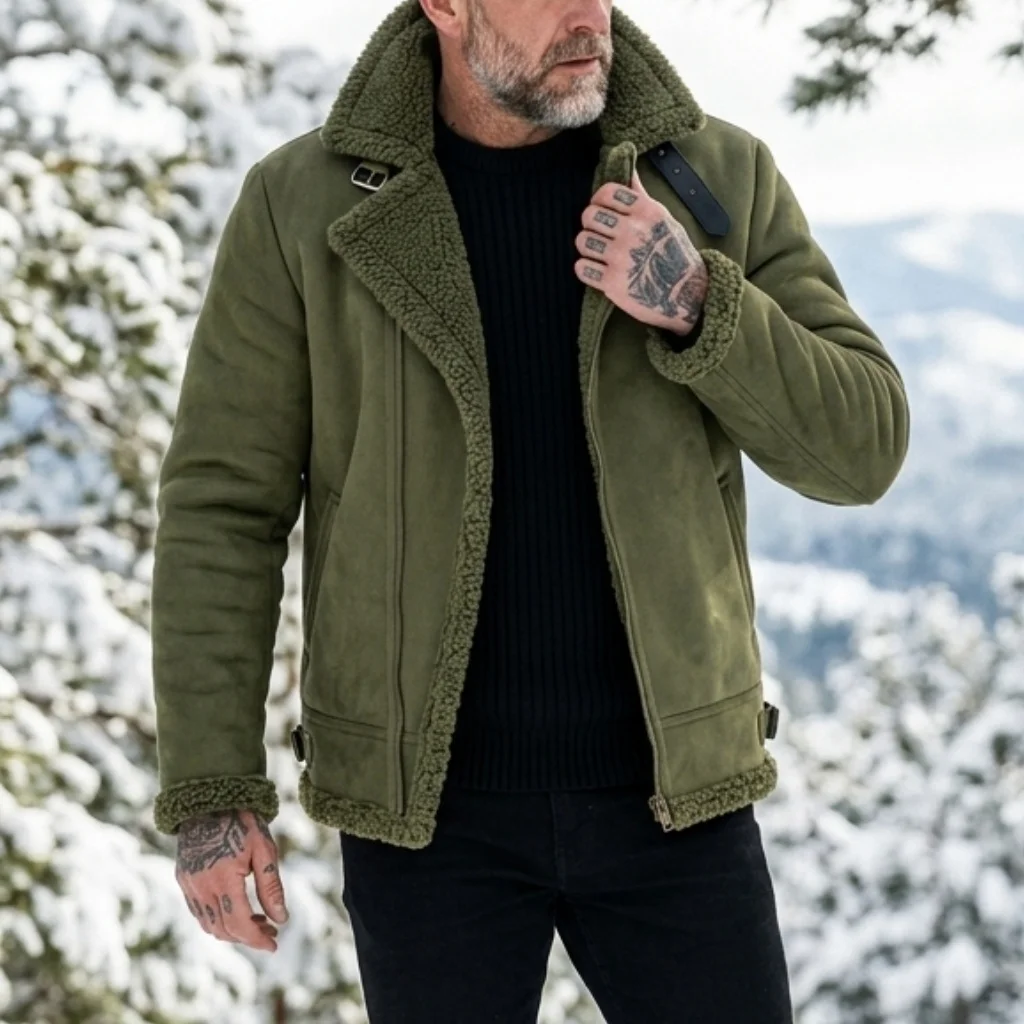 Men Winter Jacket Faux Suede Fleece Lined Warm Coat Zip Up Lightweight Thickened Outdoor Hunting Windproof Winter Man's Jackets