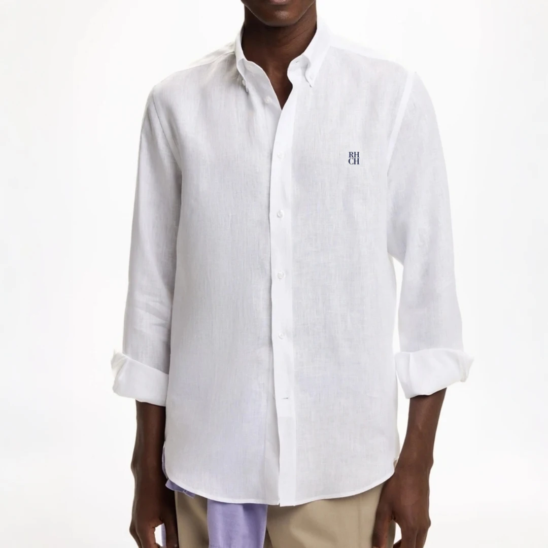 RHCH Men Pure  Shirt Luxury Embroidery Logo Button Down Collar Casual Breathable Solid Color Formal Business Shirts For Men