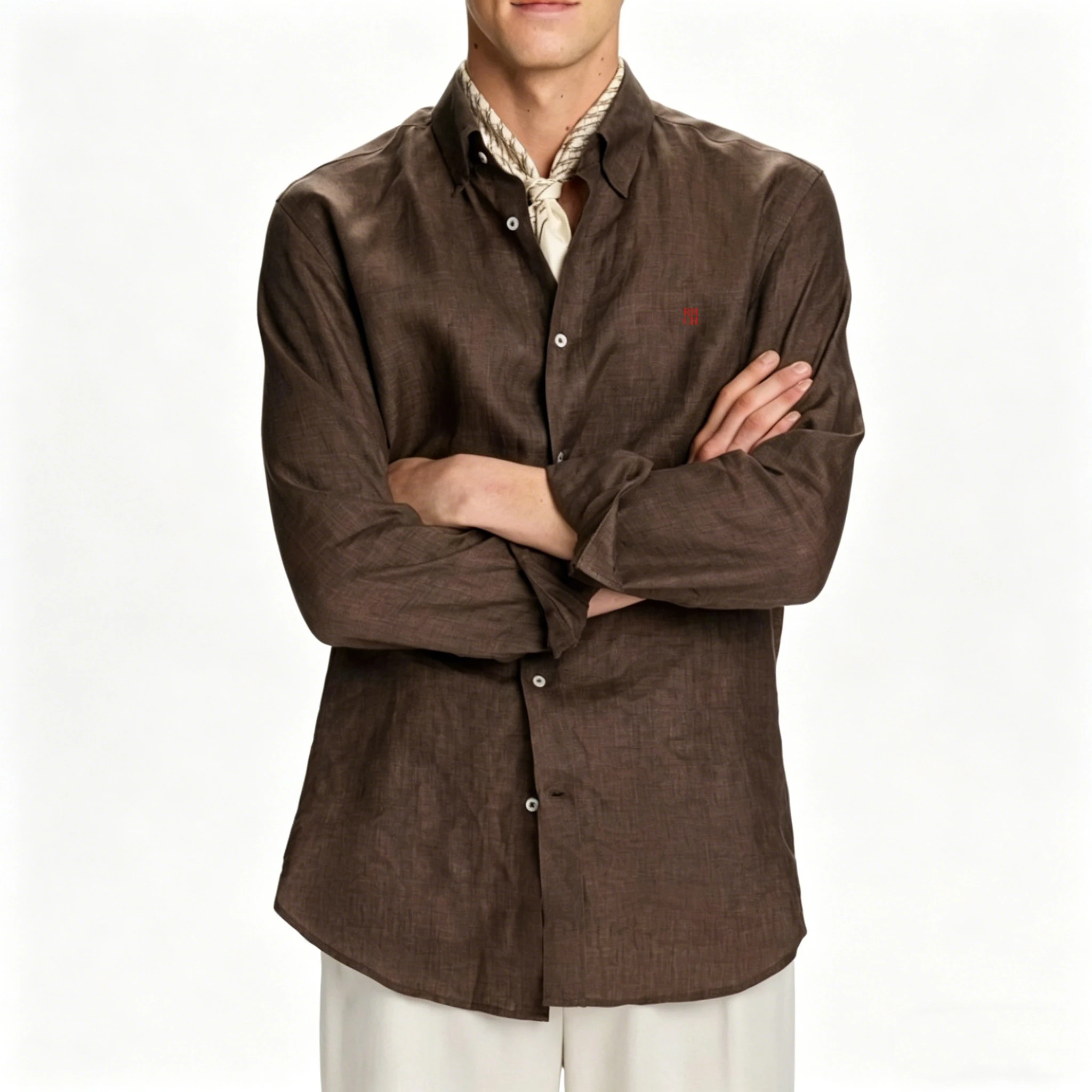 RHCH Men Pure  Shirt Luxury Embroidery Logo Button Down Collar Casual Breathable Solid Color Formal Business Shirts For Men