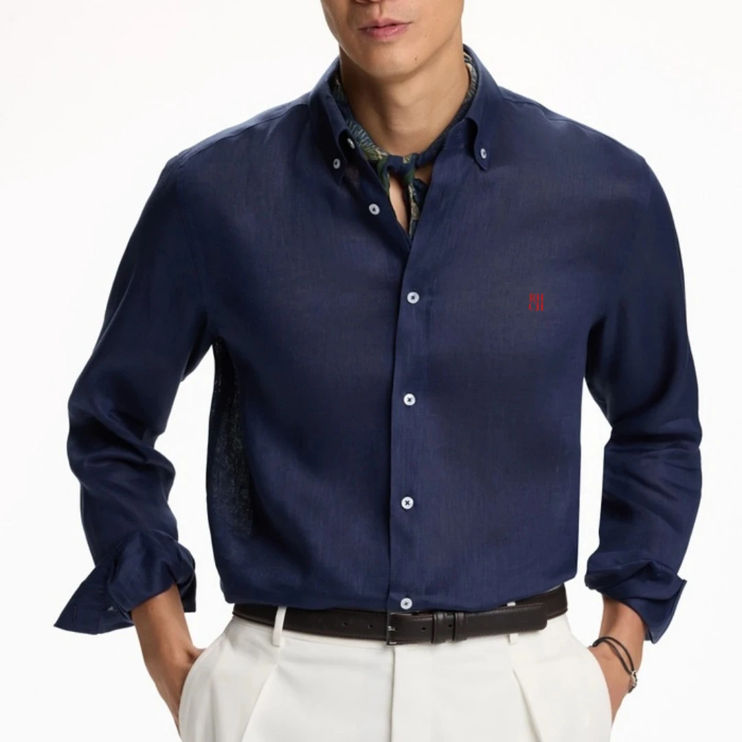 RHCH Men Pure  Shirt Luxury Embroidery Logo Button Down Collar Casual Breathable Solid Color Formal Business Shirts For Men