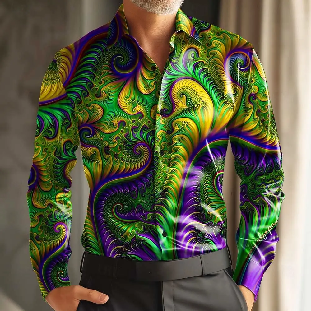 Paisley Retro Carnival Print Men's Long-Sleeve Shirt, Loose Fit, Casual Street Style, Comfortable and Stylish Shirt