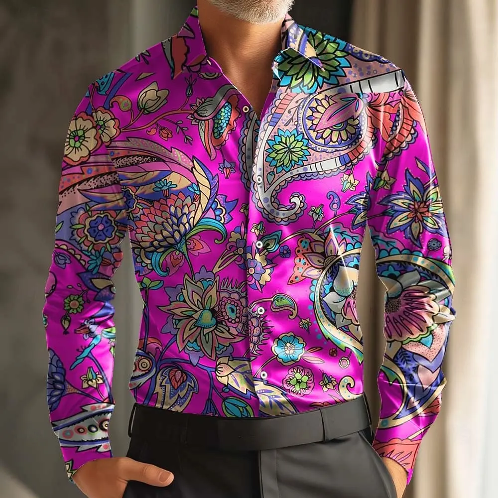 Paisley Retro Carnival Print Men's Long-Sleeve Shirt, Loose Fit, Casual Street Style, Comfortable and Stylish Shirt