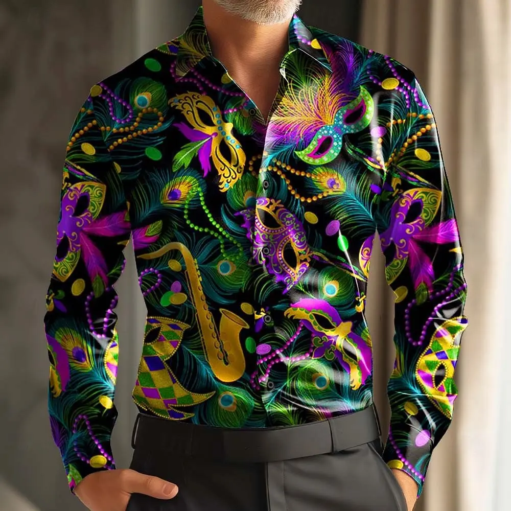 Paisley Retro Carnival Print Men's Long-Sleeve Shirt, Loose Fit, Casual Street Style, Comfortable and Stylish Shirt