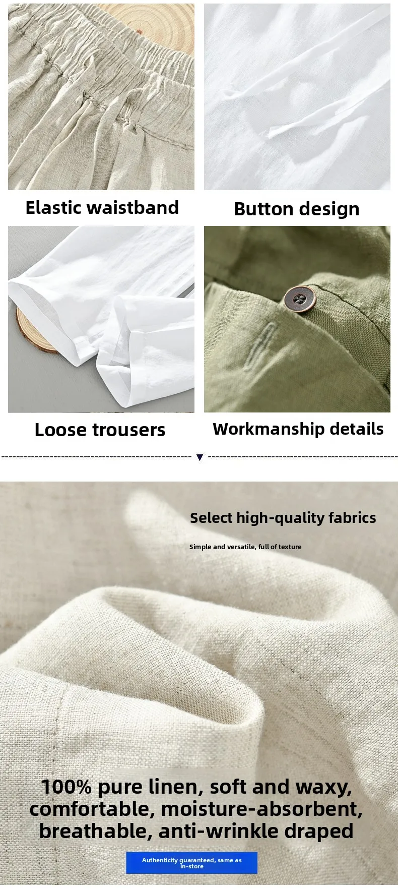 Linen 100%, Outdoor Sports Casual Retro Cycling Trend Beach Pants, Slim Fit, Fishing Style, Fashionable, Breathable Casual Pants