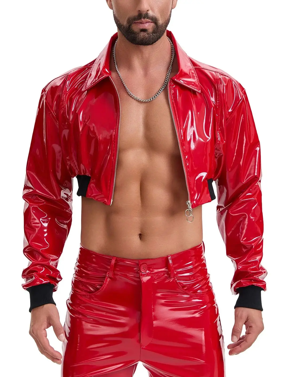 Wetlook Leather Motorcycle Jacket For Men Sexy Cropped Lapel Half-Shirt Long Sleeve Metallic Collared Short Tops Party