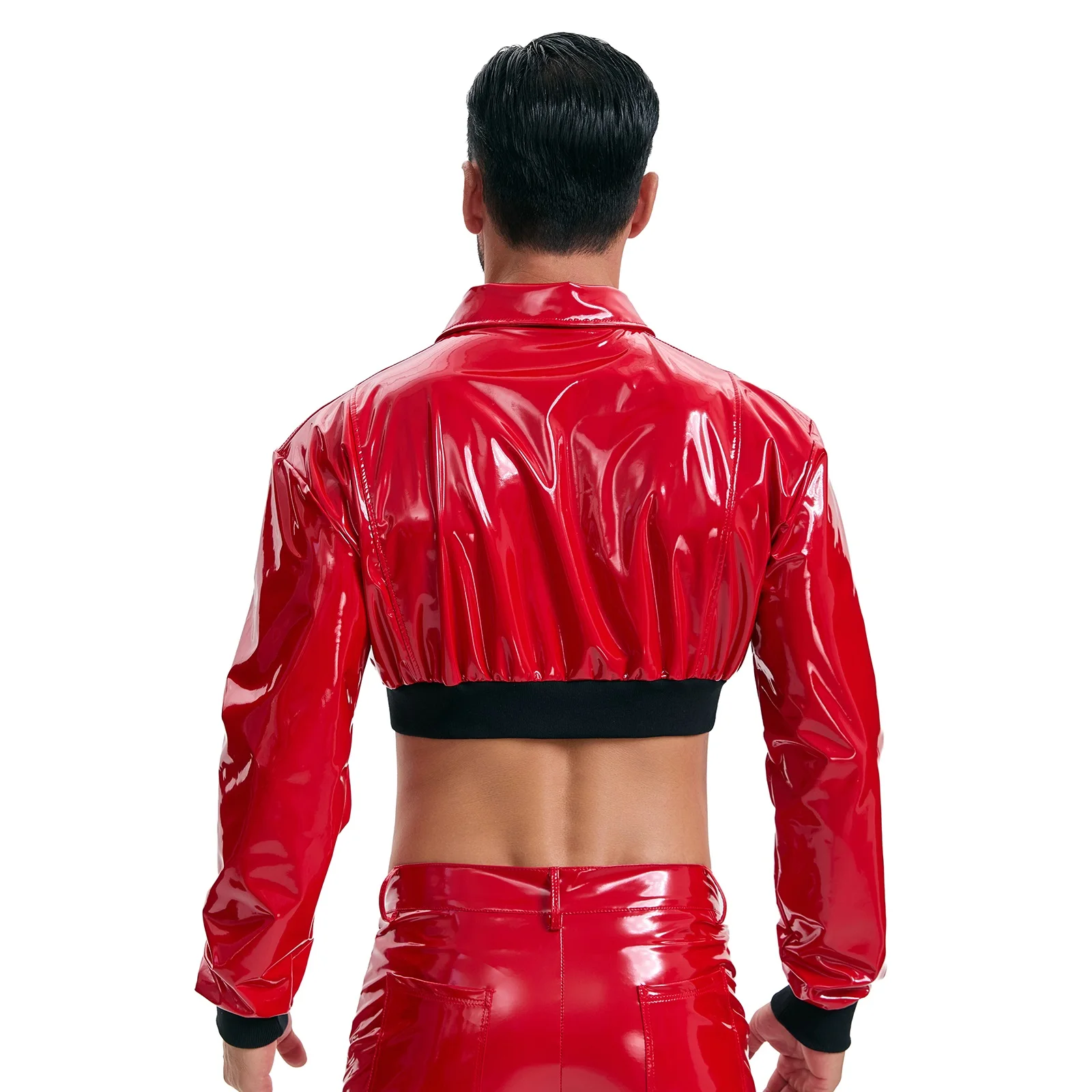 Wetlook Leather Motorcycle Jacket For Men Sexy Cropped Lapel Half-Shirt Long Sleeve Metallic Collared Short Tops Party