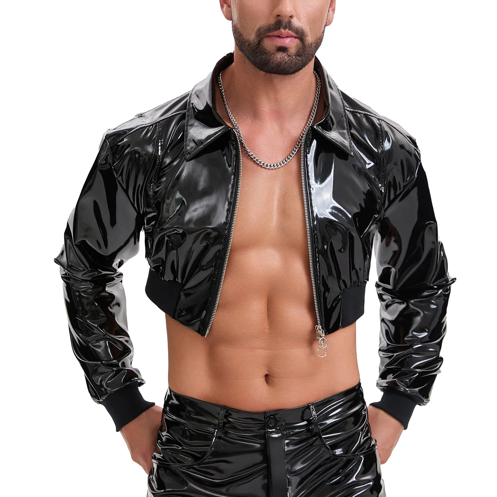 Wetlook Leather Motorcycle Jacket For Men Sexy Cropped Lapel Half-Shirt Long Sleeve Metallic Collared Short Tops Party