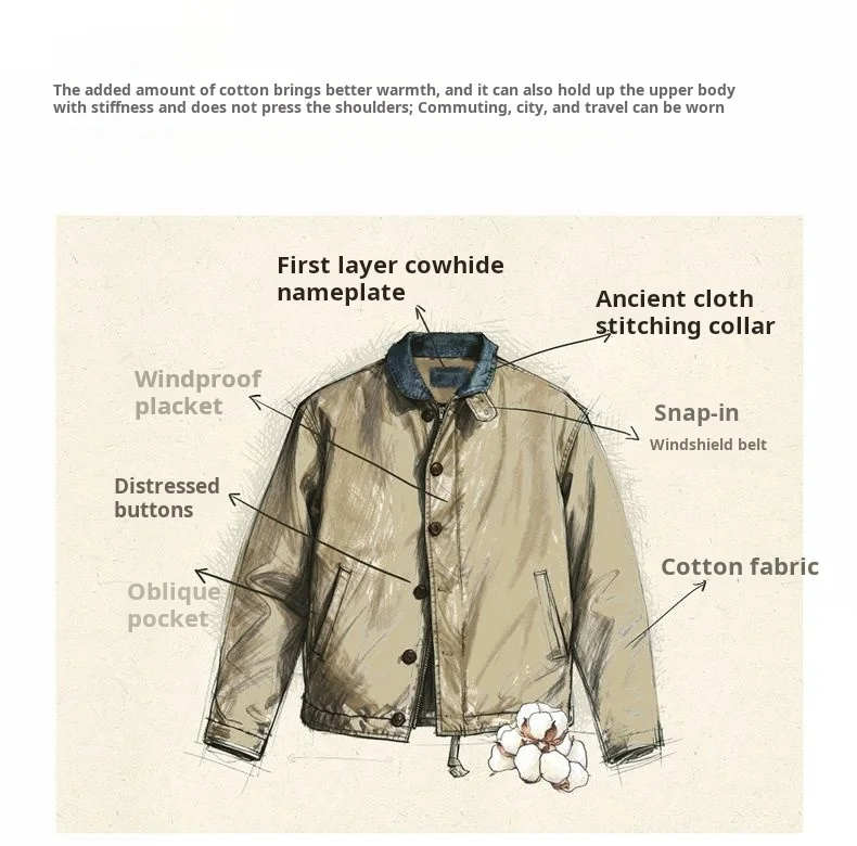 Maden Men's Vintage N-1 Deck Jacket Heavyweight Cotton Filled Short Coat Stand Collar Warm Windbreaker