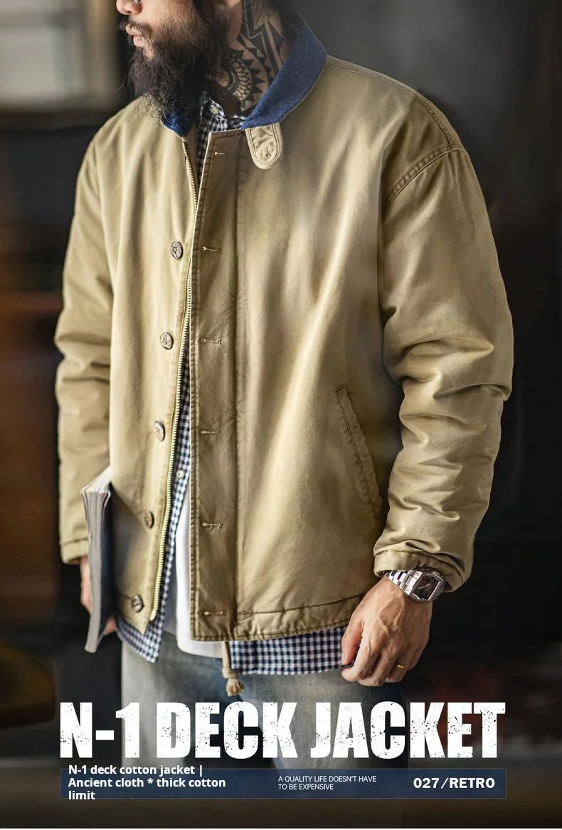 Maden Men's Vintage N-1 Deck Jacket Heavyweight Cotton Filled Short Coat Stand Collar Warm Windbreaker
