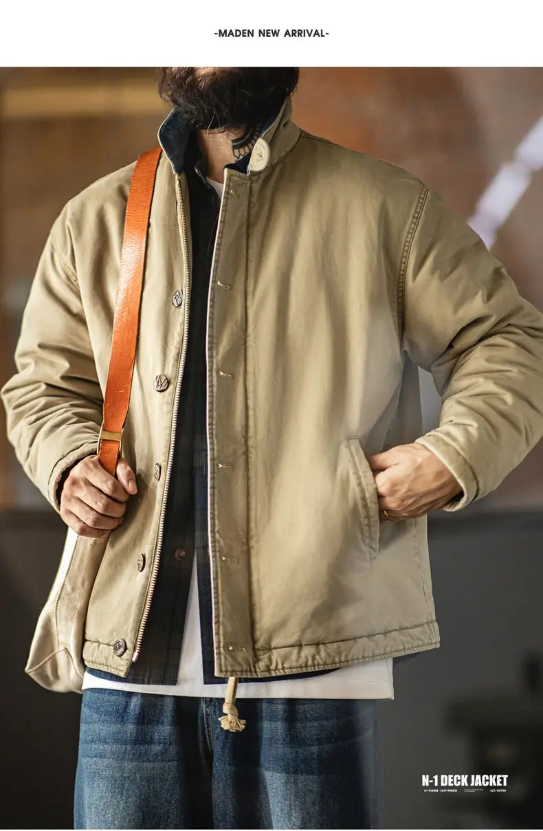 Maden Men's Vintage N-1 Deck Jacket Heavyweight Cotton Filled Short Coat Stand Collar Warm Windbreaker