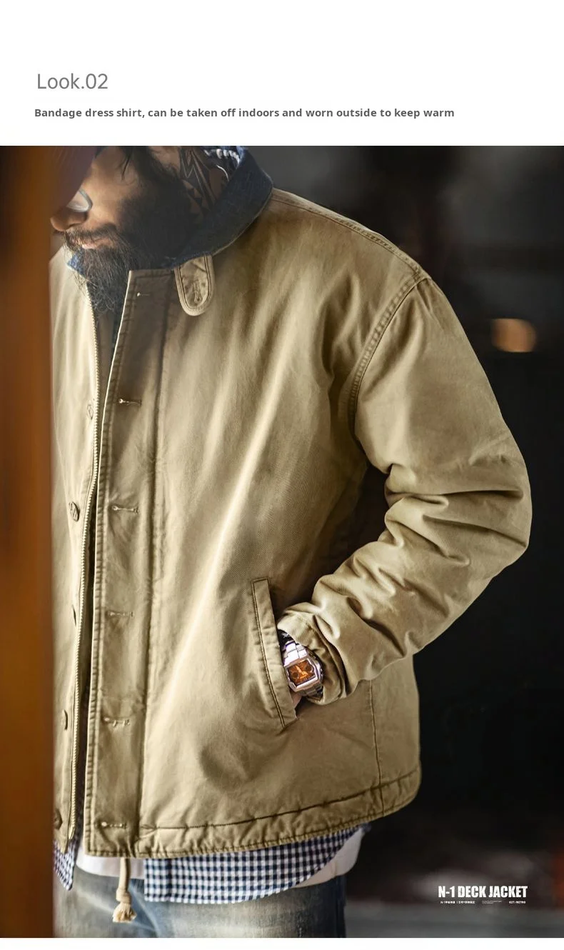 Maden Men's Vintage N-1 Deck Jacket Heavyweight Cotton Filled Short Coat Stand Collar Warm Windbreaker