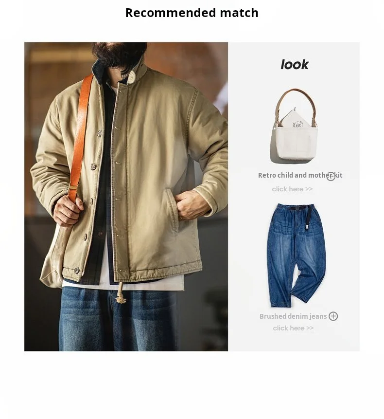 Maden Men's Vintage N-1 Deck Jacket Heavyweight Cotton Filled Short Coat Stand Collar Warm Windbreaker