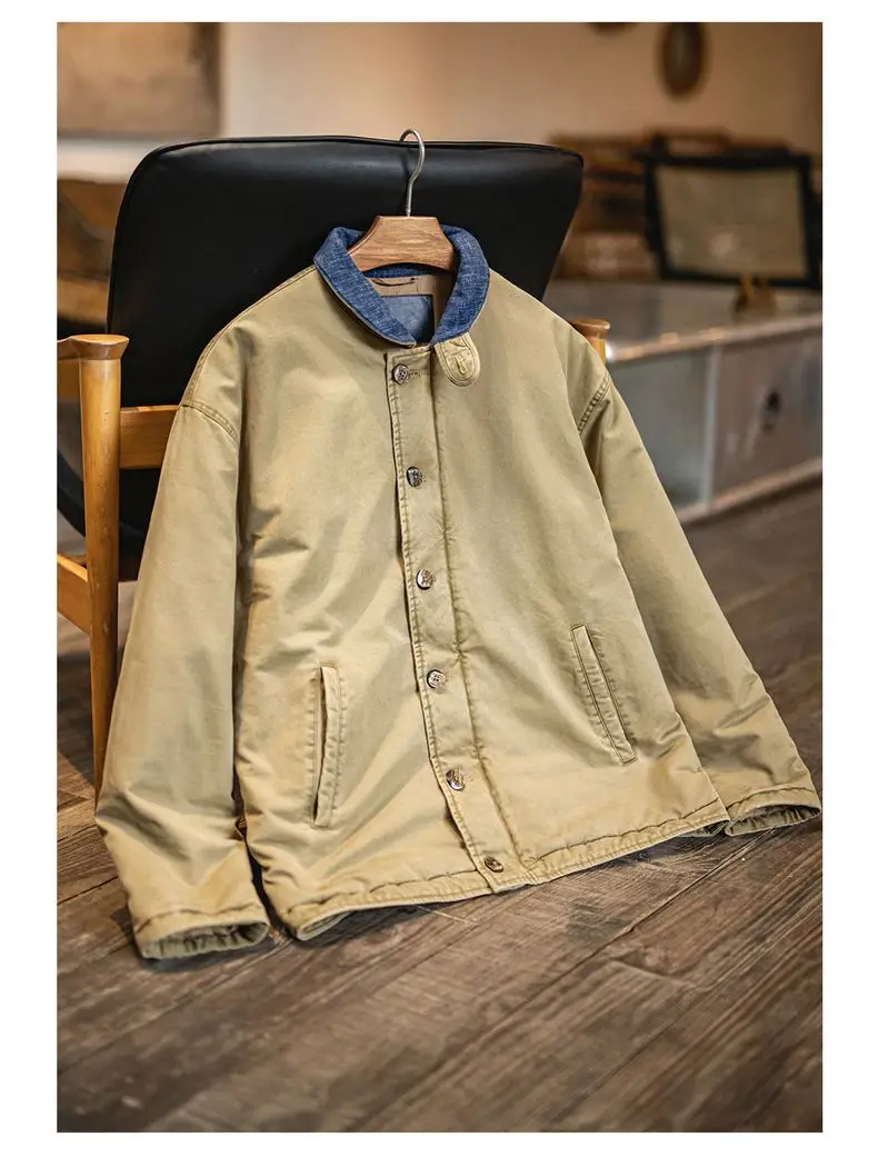 Maden Men's Vintage N-1 Deck Jacket Heavyweight Cotton Filled Short Coat Stand Collar Warm Windbreaker