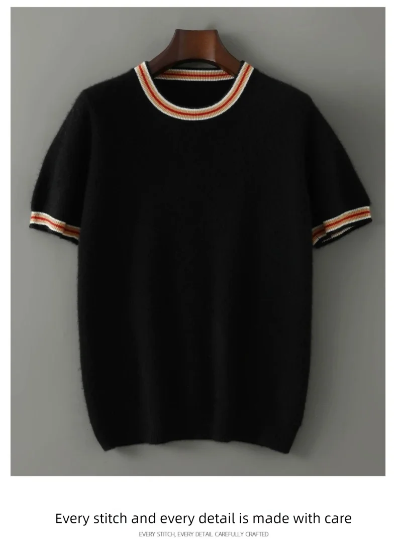 2026 Summer New Fashion O-Neck 100% Wool Knit Short Sleeve Spliced Business Casual T-Shirts Men's Clothing Loose England Tees