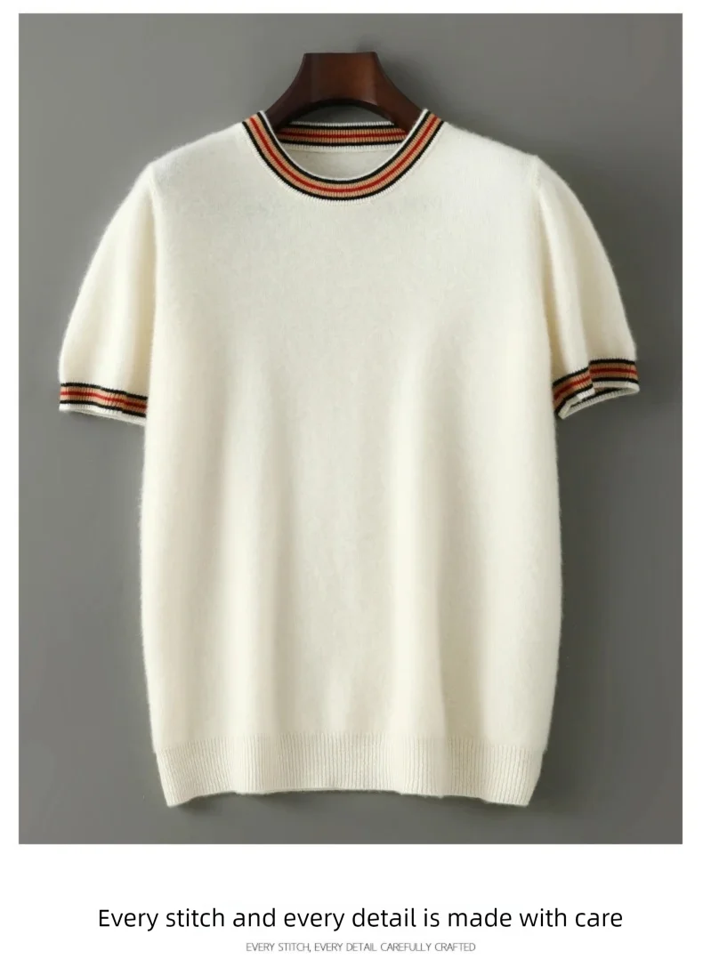 2026 Summer New Fashion O-Neck 100% Wool Knit Short Sleeve Spliced Business Casual T-Shirts Men's Clothing Loose England Tees