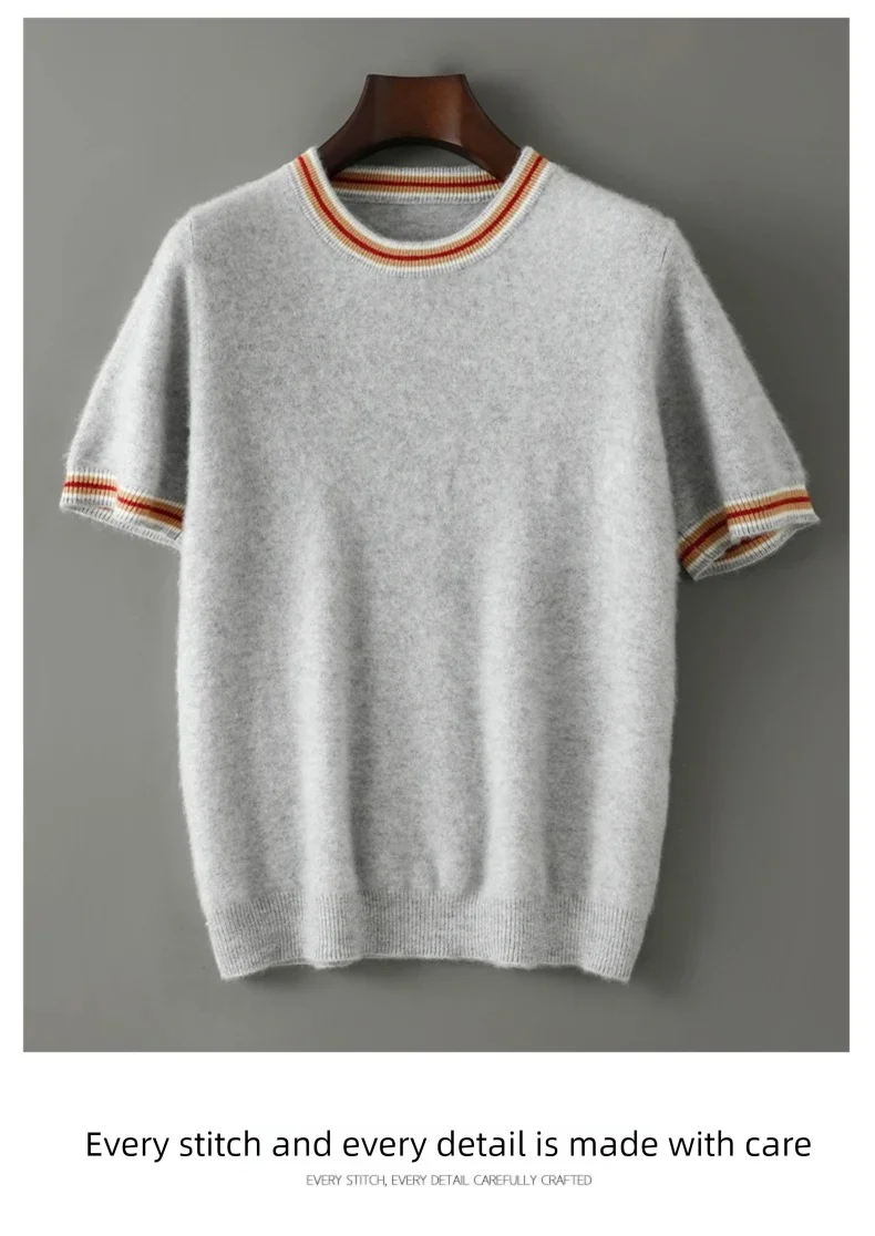 2026 Summer New Fashion O-Neck 100% Wool Knit Short Sleeve Spliced Business Casual T-Shirts Men's Clothing Loose England Tees