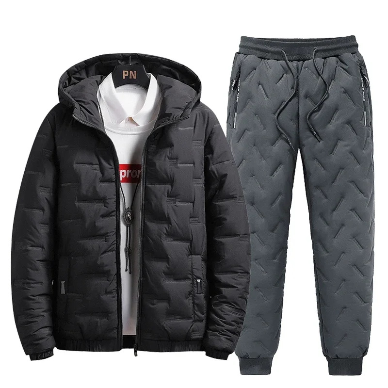 Tracksuit Men Winter Warm Men Down Cotton Jacket Zipper Coat+Down Pants Two Piece Sets Fashion Mens Joggers Set Sweat Suit 5XL