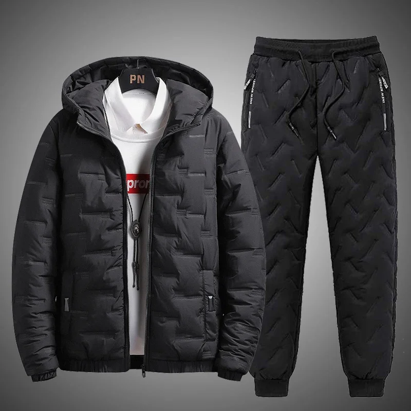 Tracksuit Men Winter Warm Men Down Cotton Jacket Zipper Coat+Down Pants Two Piece Sets Fashion Mens Joggers Set Sweat Suit 5XL