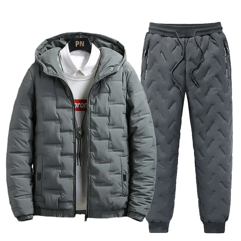 Tracksuit Men Winter Warm Men Down Cotton Jacket Zipper Coat+Down Pants Two Piece Sets Fashion Mens Joggers Set Sweat Suit 5XL