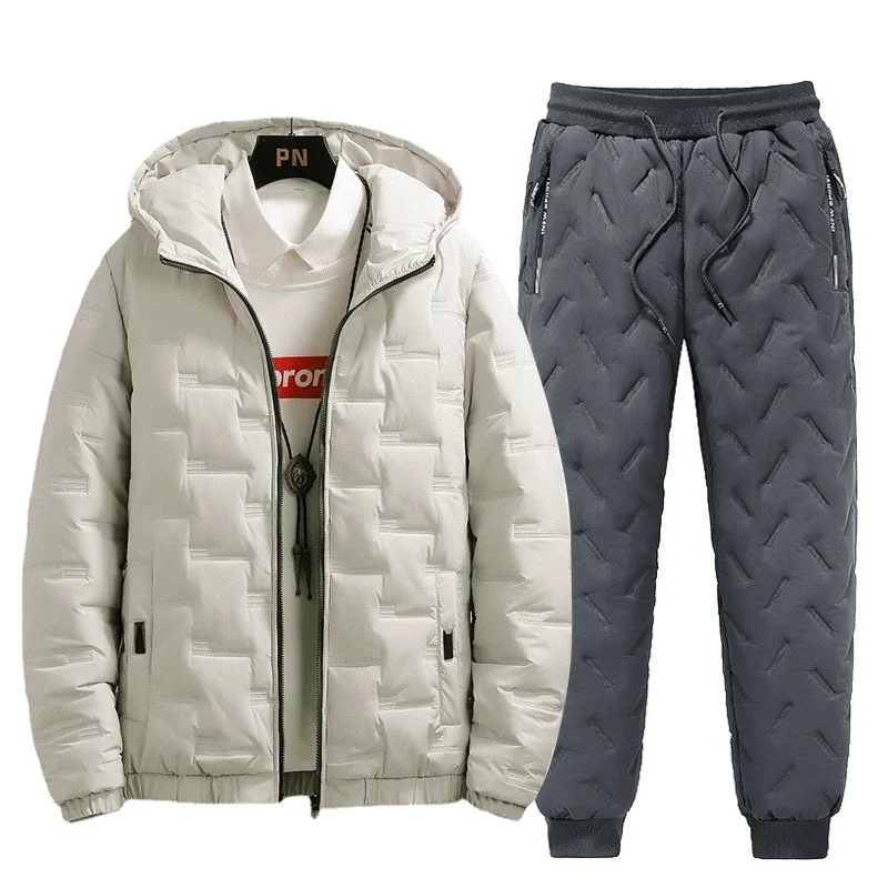 Tracksuit Men Winter Warm Men Down Cotton Jacket Zipper Coat+Down Pants Two Piece Sets Fashion Mens Joggers Set Sweat Suit 5XL