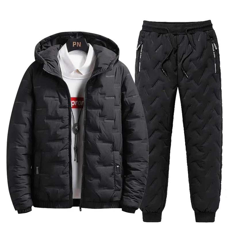 Tracksuit Men Winter Warm Men Down Cotton Jacket Zipper Coat+Down Pants Two Piece Sets Fashion Mens Joggers Set Sweat Suit 5XL