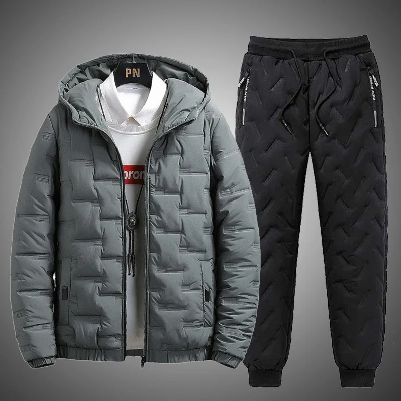 Tracksuit Men Winter Warm Men Down Cotton Jacket Zipper Coat+Down Pants Two Piece Sets Fashion Mens Joggers Set Sweat Suit 5XL