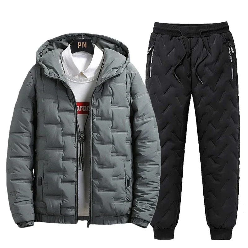 Tracksuit Men Winter Warm Men Down Cotton Jacket Zipper Coat+Down Pants Two Piece Sets Fashion Mens Joggers Set Sweat Suit 5XL