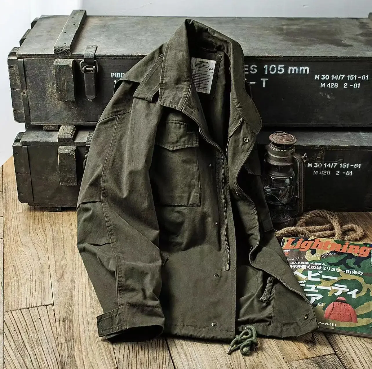 Vintage Men's Cargo Jacket Casual Solid Coat Mens Clothes Multi-Pocket Jacket Retro Jackets for Men Green Outdoor Windbreaker