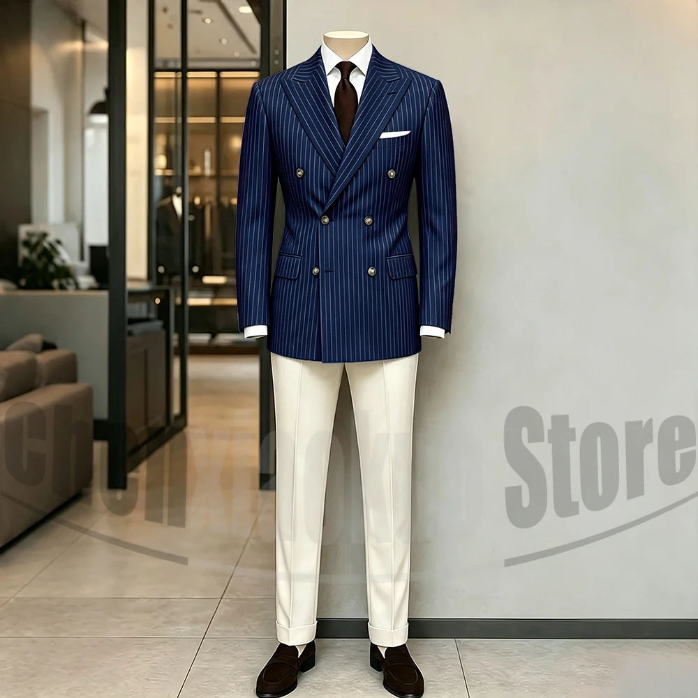 Men's Suit Brown Striped Double Breasted Blazer with Beige Pants Two Piece Formal Business Casual Outfit Office Daily Wear