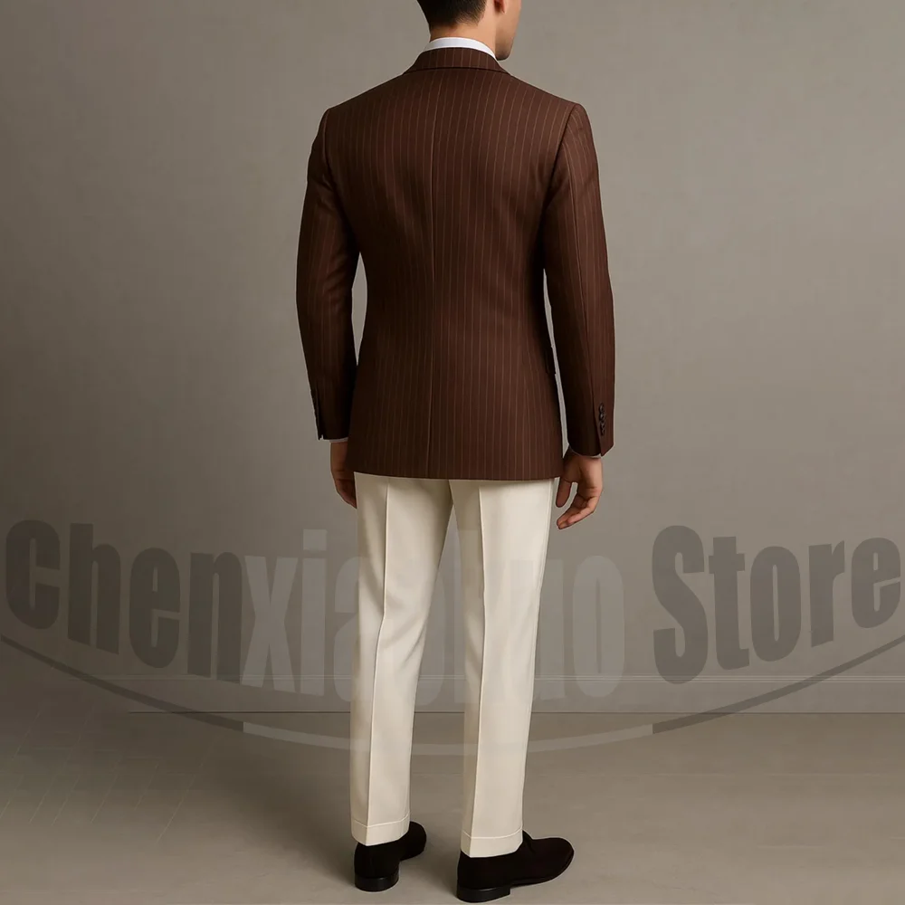 Men's Suit Brown Striped Double Breasted Blazer with Beige Pants Two Piece Formal Business Casual Outfit Office Daily Wear