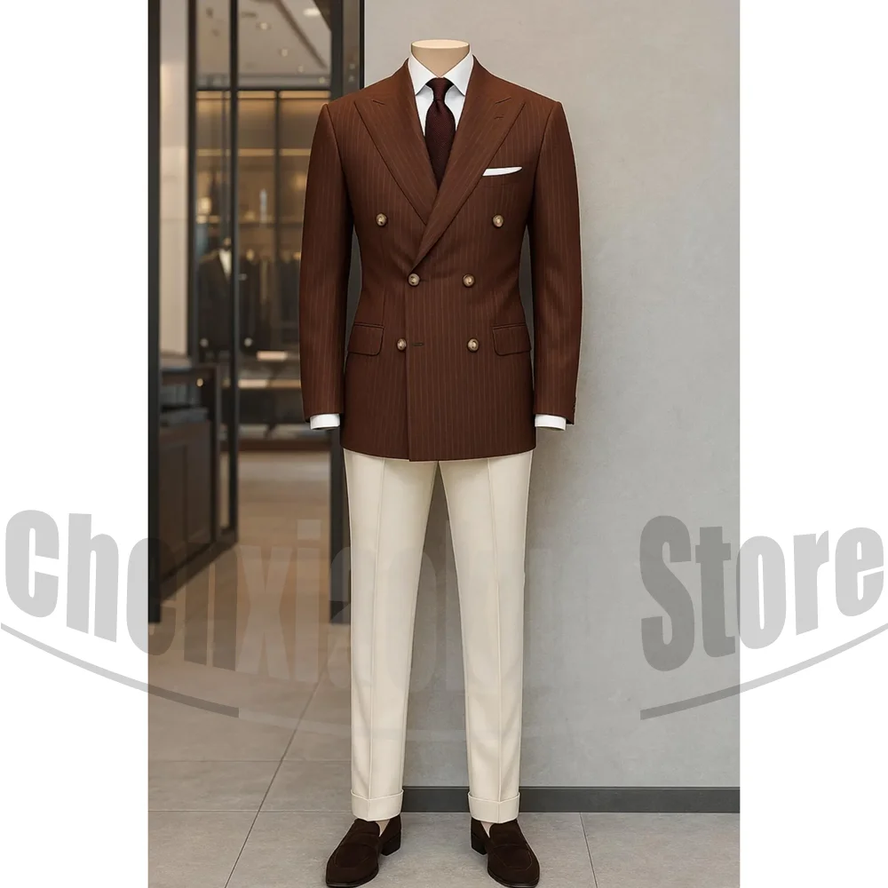 Men's Suit Brown Striped Double Breasted Blazer with Beige Pants Two Piece Formal Business Casual Outfit Office Daily Wear