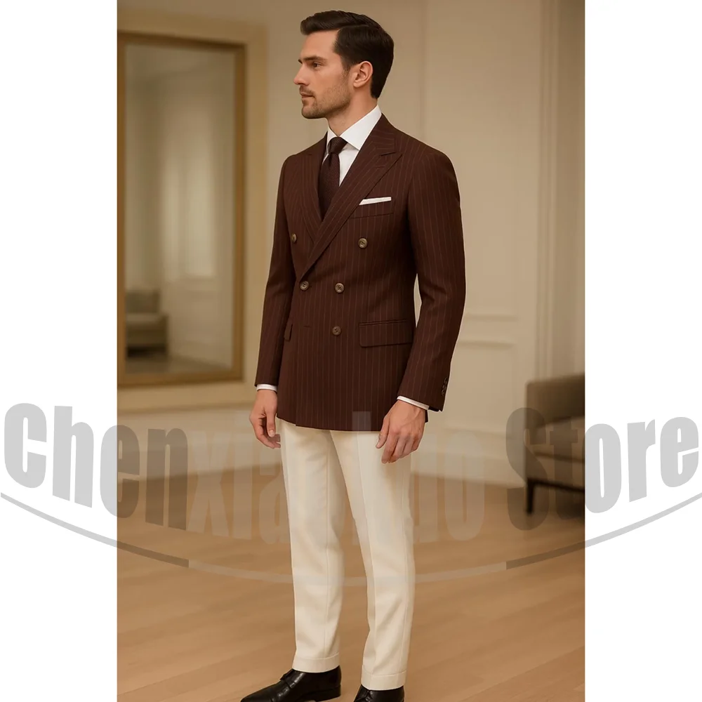 Men's Suit Brown Striped Double Breasted Blazer with Beige Pants Two Piece Formal Business Casual Outfit Office Daily Wear