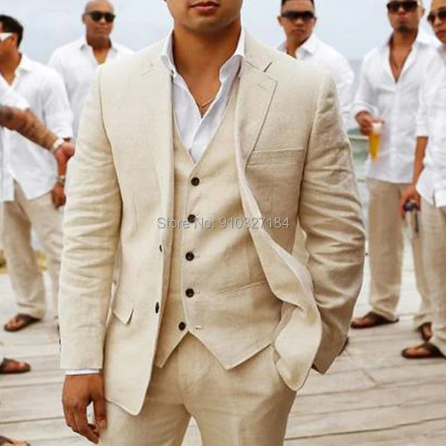 Man Suits with Notched Lapel Custom Casual Man Fashion Costume 3 piece Beige Linen Wedding Tuxedo for Groomsmen Summer