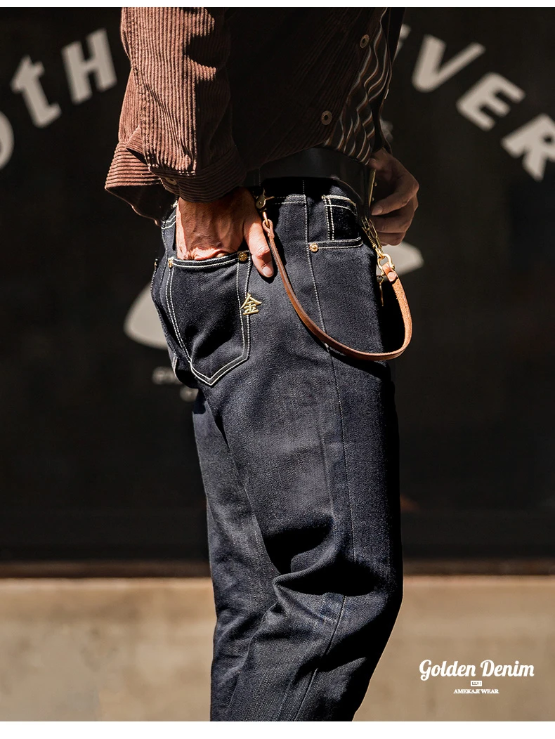 Maden Vintage 15oz Embroidered Denim Jeans for Men's Heavyweight Baggy Fit Jeans Original Cowboy Casual Pants Straight Trousers