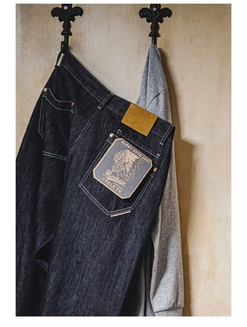 Maden Vintage 12oz One-Washed Denim Jeans for Men Straight Wide Leg Trousers Loose Fit Zip Fly Casual Pants for Fall Winter