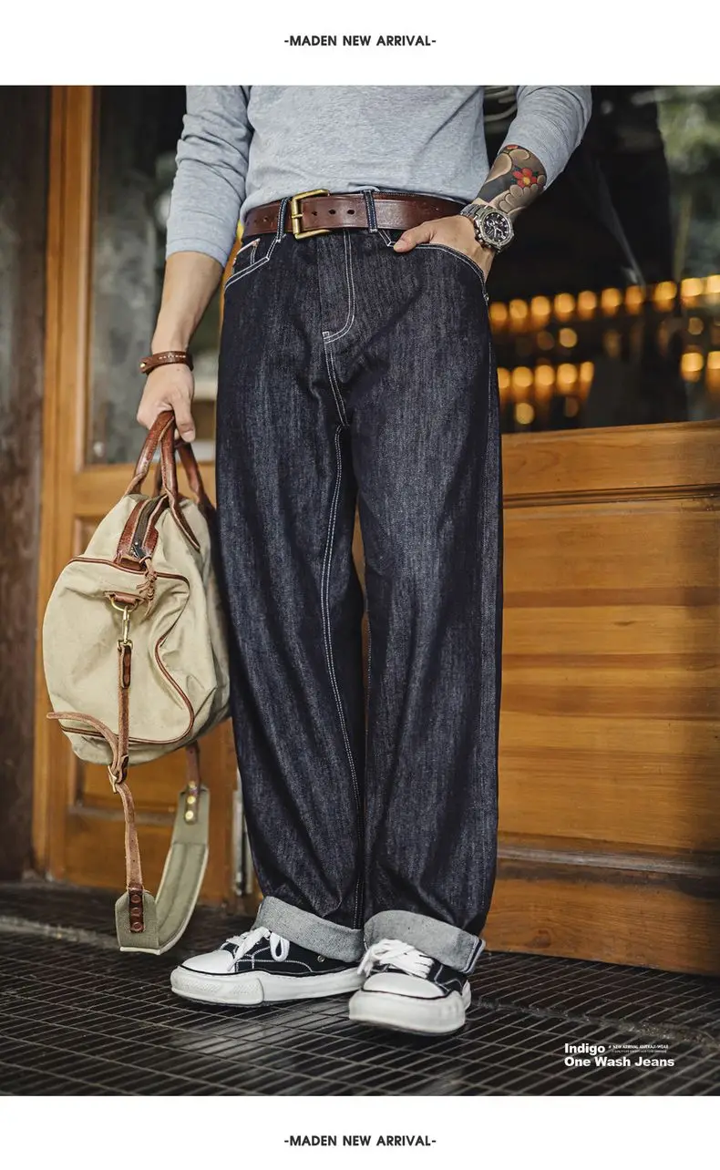 Maden Vintage 12oz One-Washed Denim Jeans for Men Straight Wide Leg Trousers Loose Fit Zip Fly Casual Pants for Fall Winter