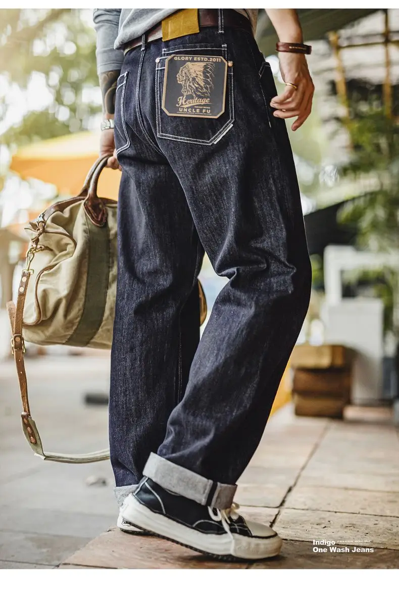 Maden Vintage 12oz One-Washed Denim Jeans for Men Straight Wide Leg Trousers Loose Fit Zip Fly Casual Pants for Fall Winter