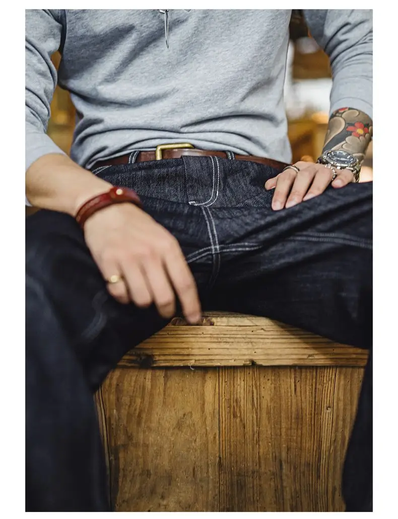 Maden Vintage 12oz One-Washed Denim Jeans for Men Straight Wide Leg Trousers Loose Fit Zip Fly Casual Pants for Fall Winter