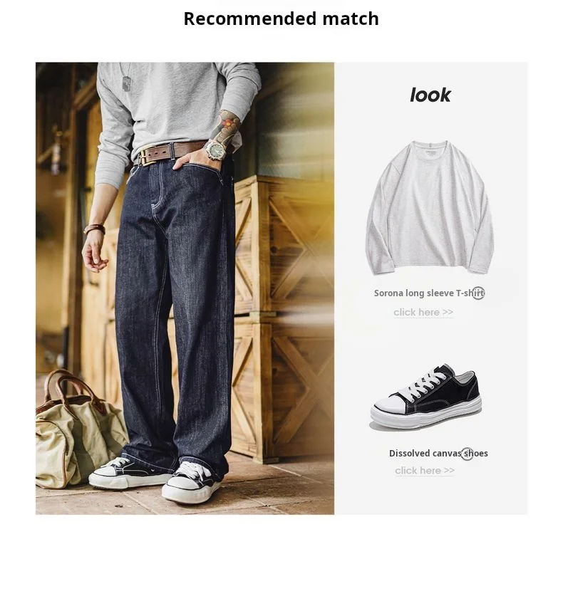 Maden Vintage 12oz One-Washed Denim Jeans for Men Straight Wide Leg Trousers Loose Fit Zip Fly Casual Pants for Fall Winter
