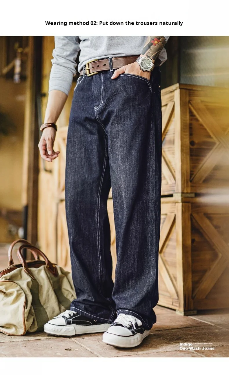 Maden Vintage 12oz One-Washed Denim Jeans for Men Straight Wide Leg Trousers Loose Fit Zip Fly Casual Pants for Fall Winter