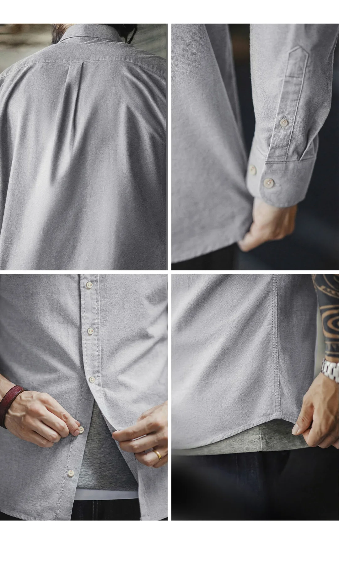 Maden Men's Cotton Oxford Crewneck Shirt Long Sleeve Casual Solid Single-Breasted Dress Shirt Regular Fit for Spring Autumn