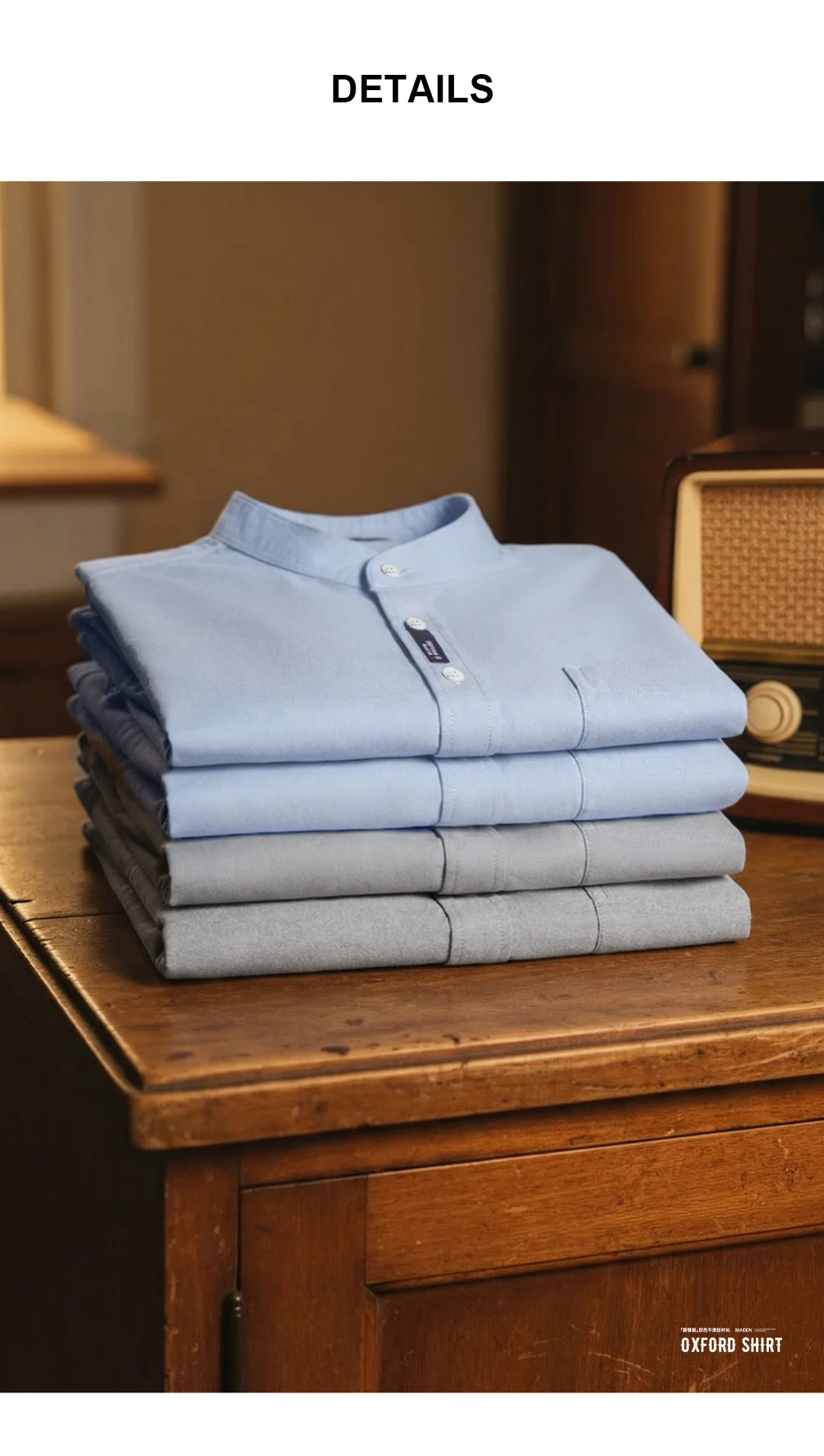 Maden Men's Cotton Oxford Crewneck Shirt Long Sleeve Casual Solid Single-Breasted Dress Shirt Regular Fit for Spring Autumn