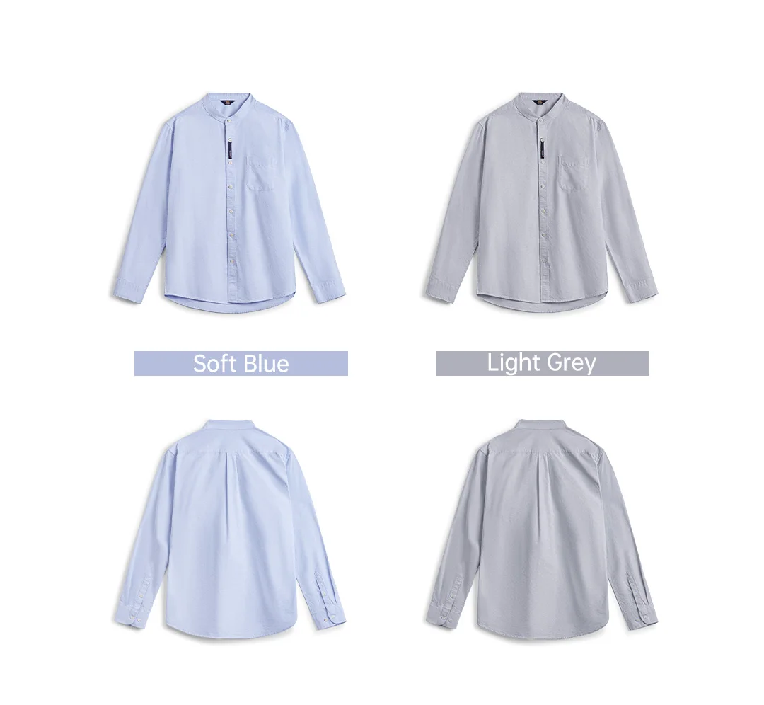 Maden Men's Cotton Oxford Crewneck Shirt Long Sleeve Casual Solid Single-Breasted Dress Shirt Regular Fit for Spring Autumn