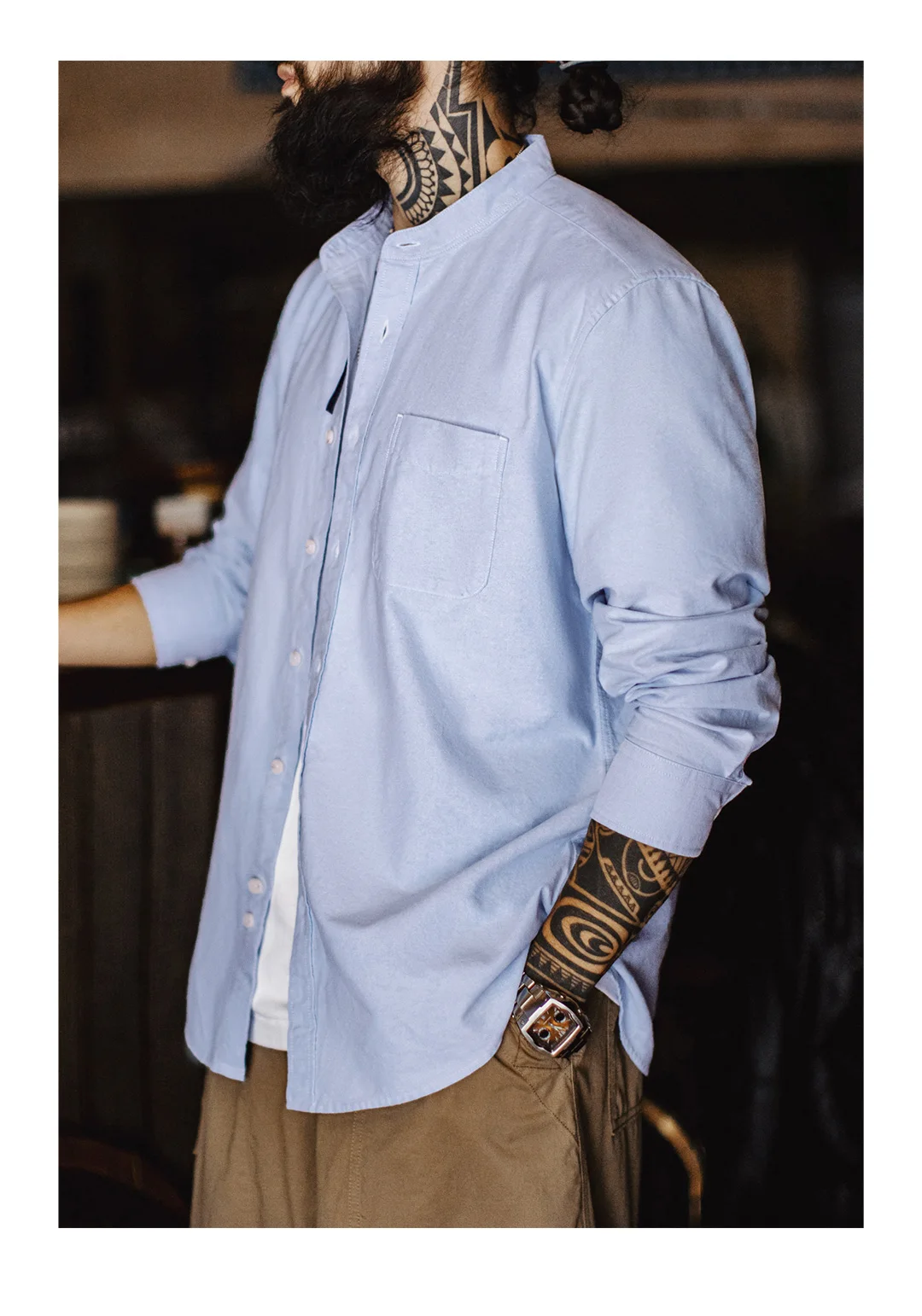 Maden Men's Cotton Oxford Crewneck Shirt Long Sleeve Casual Solid Single-Breasted Dress Shirt Regular Fit for Spring Autumn