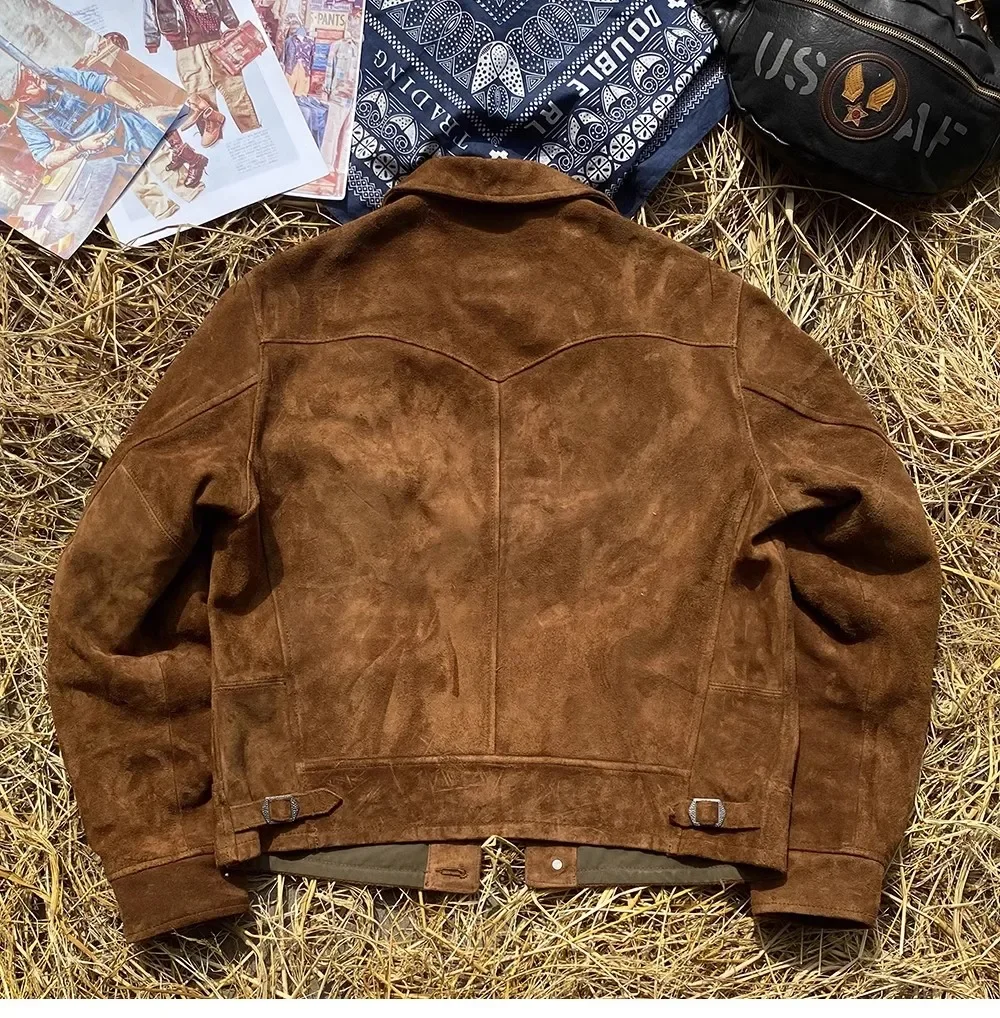 FNY Wholesales.Classic Vintage western leather jacket.Luxury Suede horsehide coat.Retro Short Causal real leather cloth.